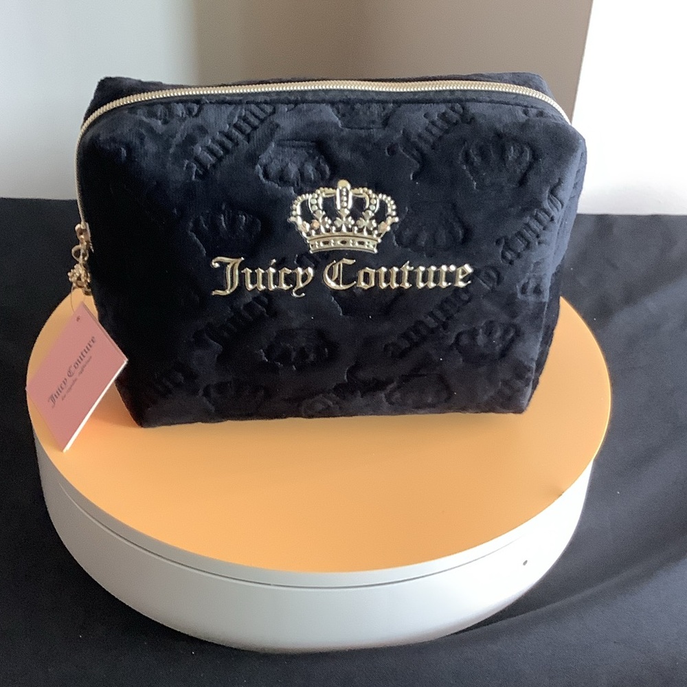 Juicy Couture Black Quilted Velvet Cosmetic Pouch with Gold Crest Logo